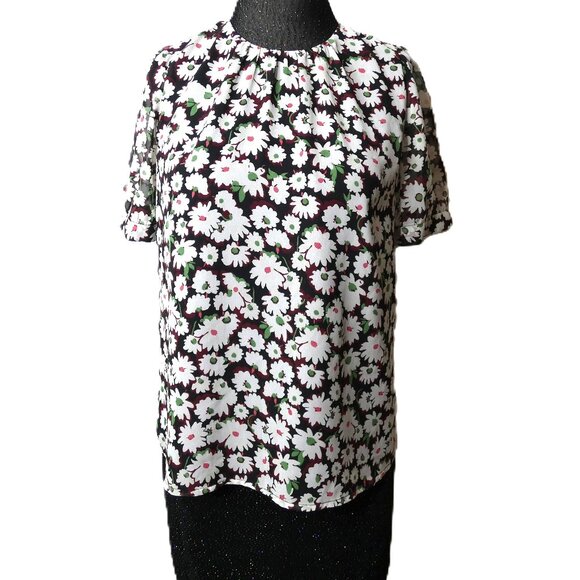 Chiffon Blouse Sz 4 Daisies Black Floral Short Sleeve French Connection Quality - Picture 1 of 6